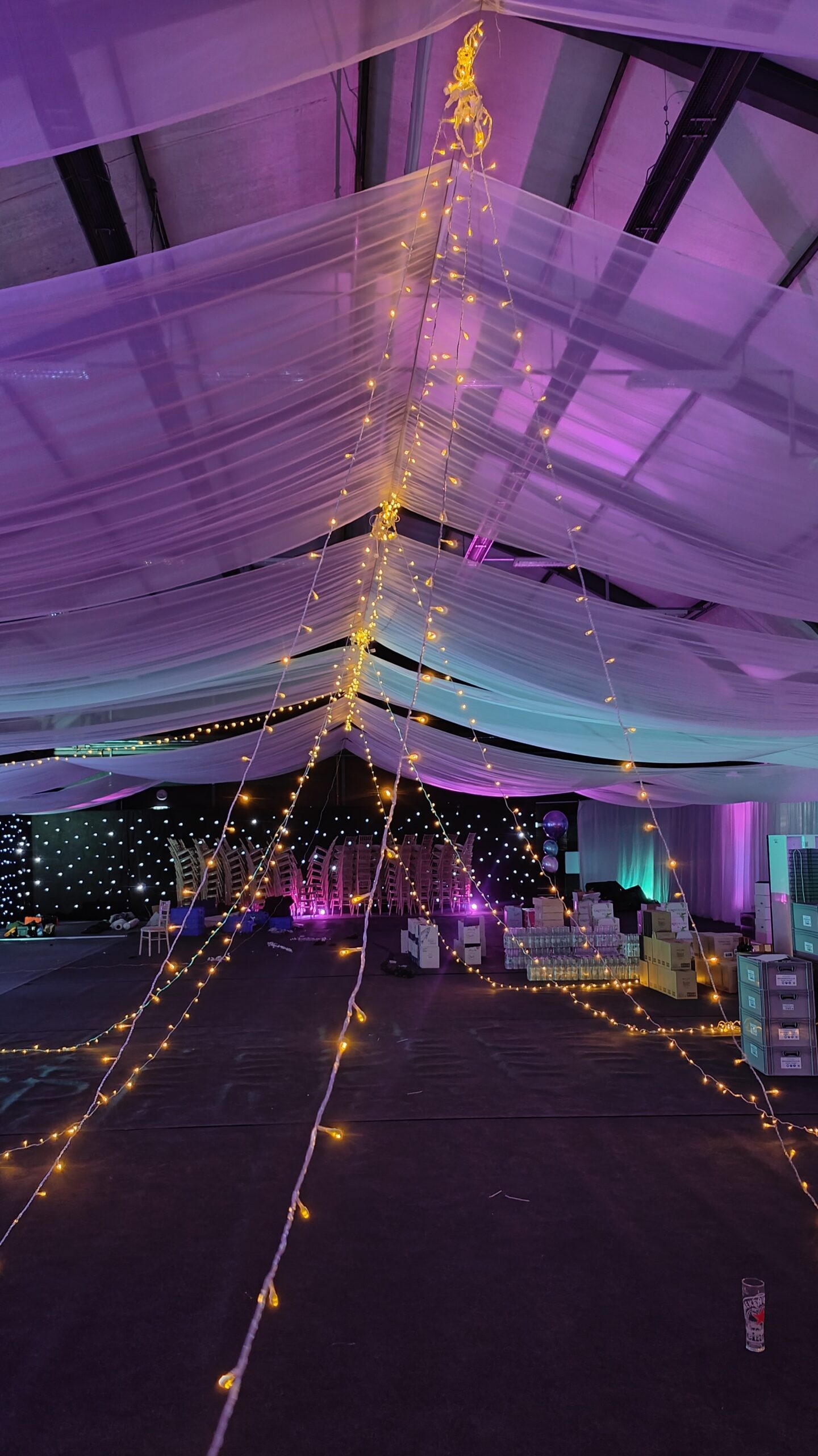Starcloth hire, large venue wall drapes, fairy lights
