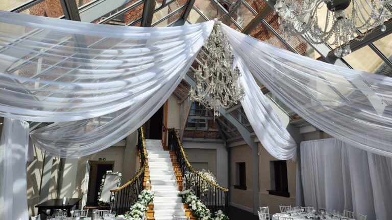 White draping in a wedding venue