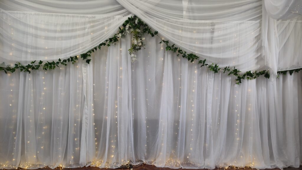 White wall drapes, wall drapes hire. Weddings and events