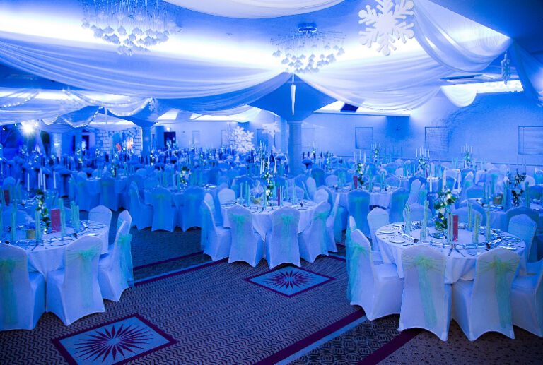 Draped room with blue lighting