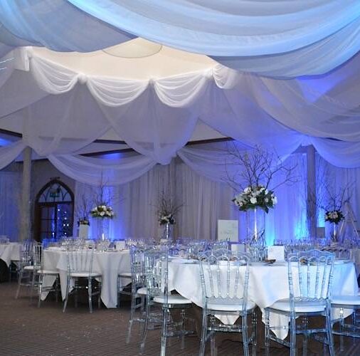 White wedding draping, wall and ceiling drapes