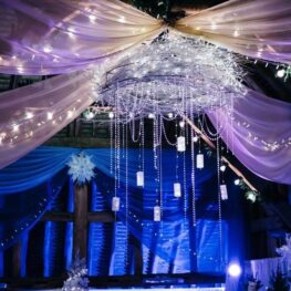 Winter wonderland fairy lights a chandelier from a ceiling with fairy lights