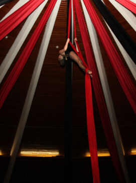 Ceiling drape with a showgirl Dramatic ceiling drape in a venue